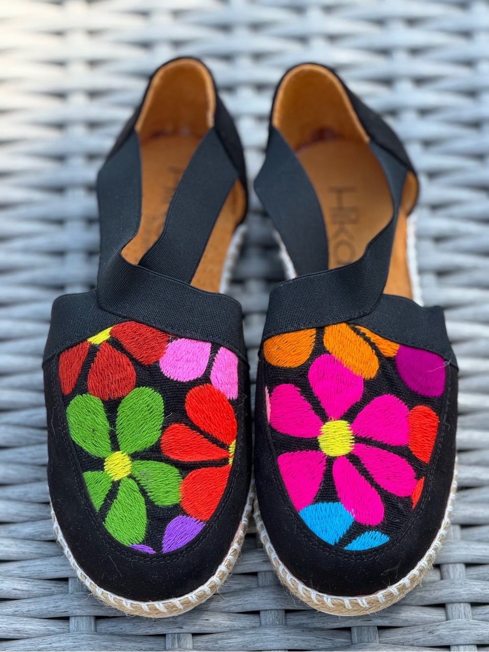 Black Espadrille Slip-On with Multicolor Floral Embroidery
